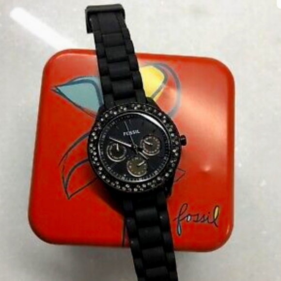 FOSSIL Black Silicone Watch w/Black and Clear Crystals ES2896 - Picture 2 of 4